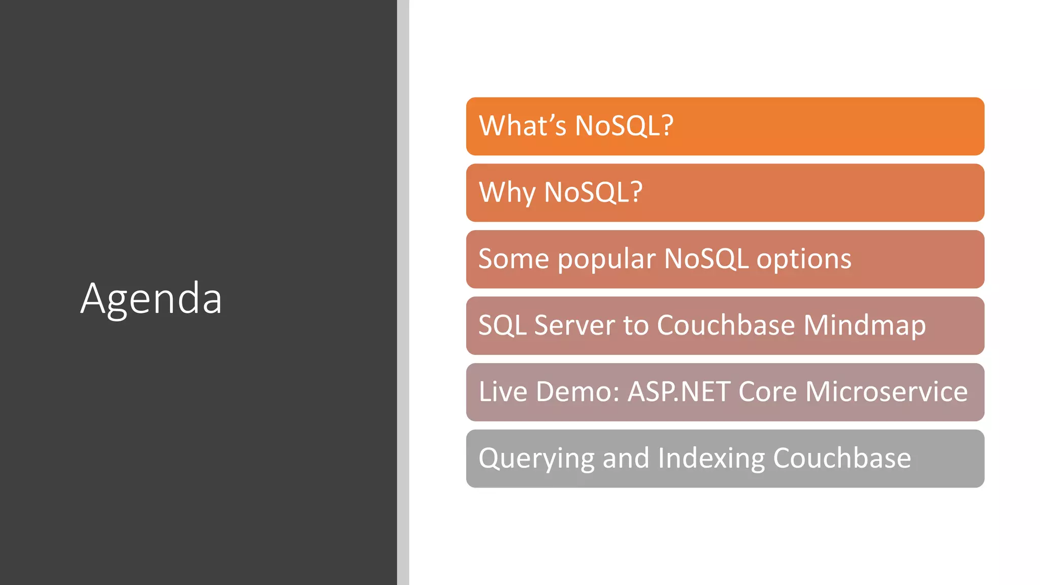 Agenda
What’s NoSQL?
Why NoSQL?
Some popular NoSQL options
SQL Server to Couchbase Mindmap
Live Demo: ASP.NET Core Microservice
Querying and Indexing Couchbase
 