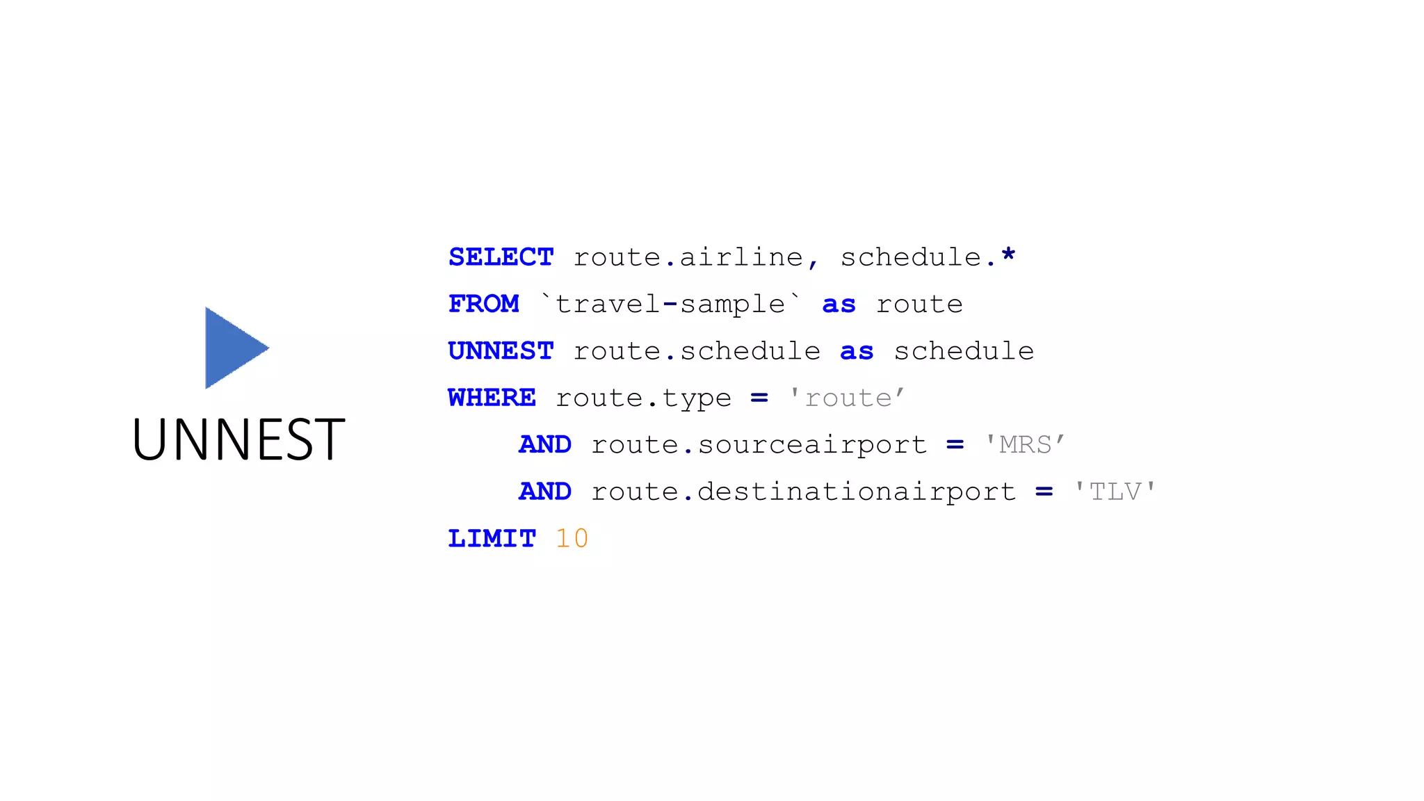 UNNEST
SELECT route.airline, schedule.*
FROM `travel-sample` as route
UNNEST route.schedule as schedule
WHERE route.type = 'route’
AND route.sourceairport = 'MRS’
AND route.destinationairport = 'TLV'
LIMIT 10
 