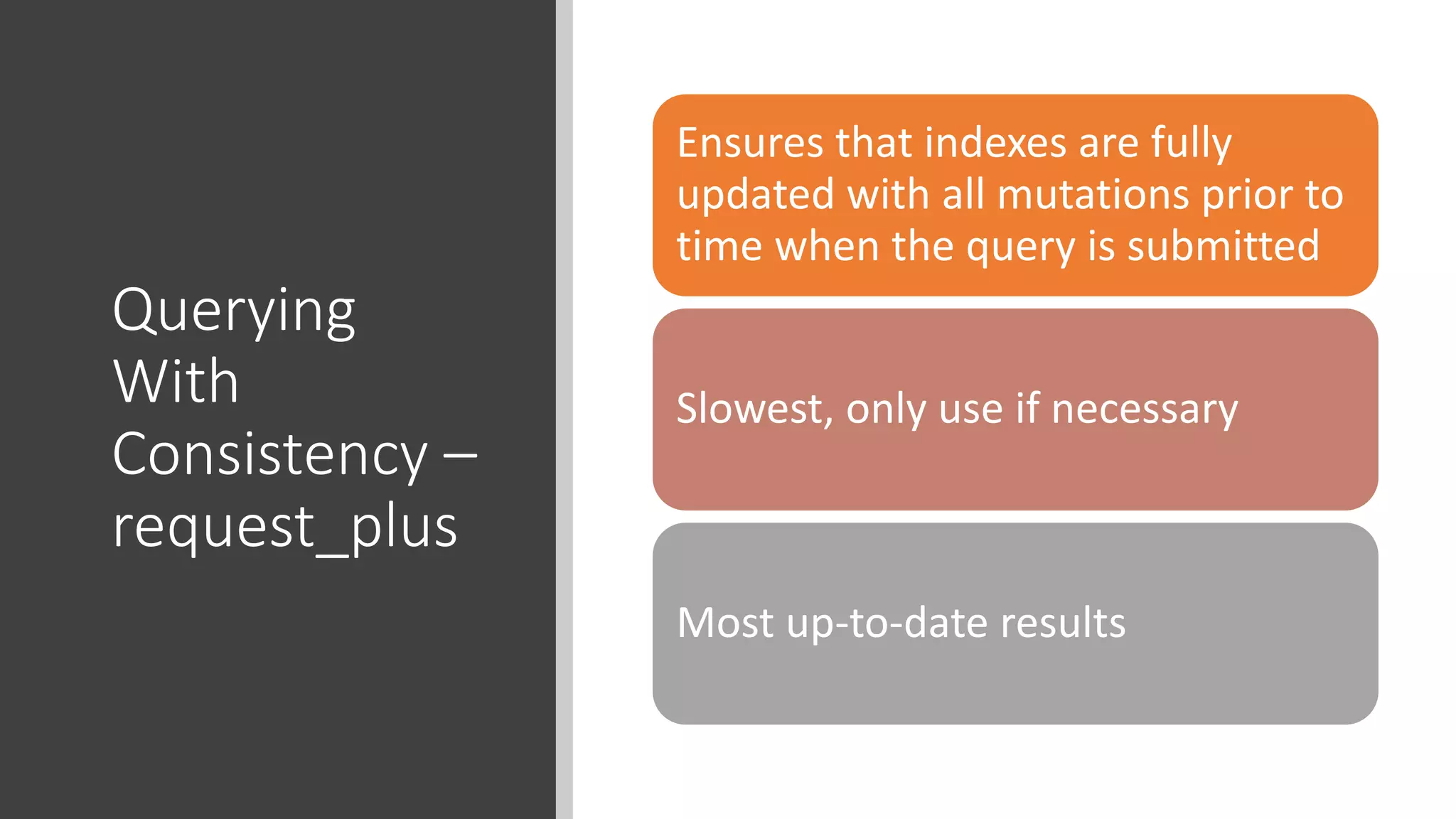 Querying
With
Consistency –
request_plus
Ensures that indexes are fully
updated with all mutations prior to
time when the query is submitted
Slowest, only use if necessary
Most up-to-date results
 