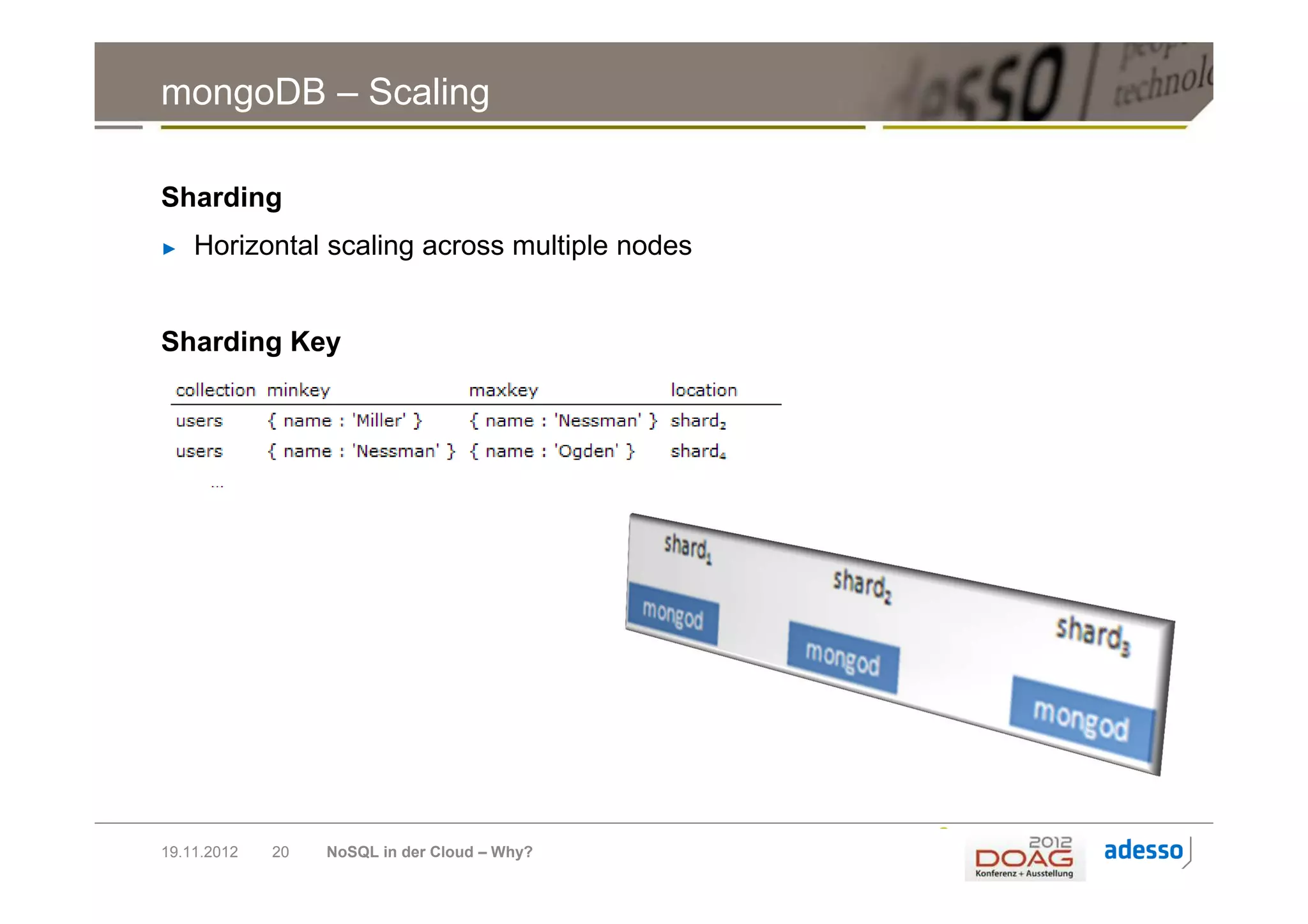 mongoDB – Scaling

Sharding
►   Horizontal scaling across multiple nodes


Sharding Key




19.11.2012   20   NoSQL in der Cloud – Why?
 