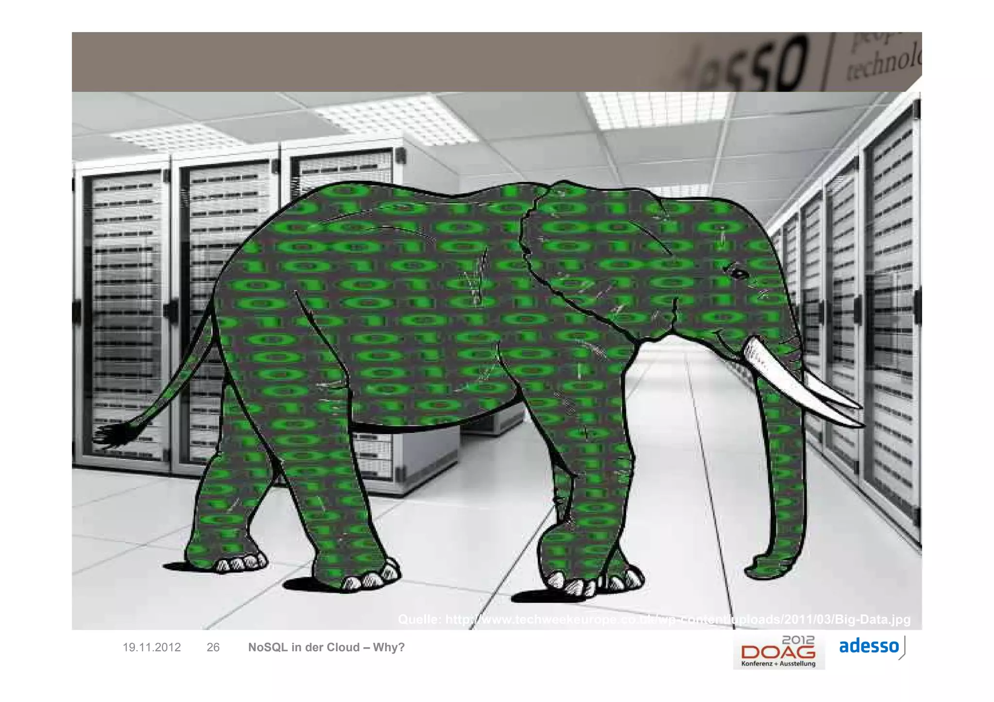 Quelle: http://res.sys-con.com/story/mar12/2188748/CloudBigData_0_0.jpg
                                         Quelle: http://www.techweekeurope.co.uk/wp-content/uploads/2011/03/Big-Data.jpg

19.11.2012   26   NoSQL in der Cloud – Why?
 