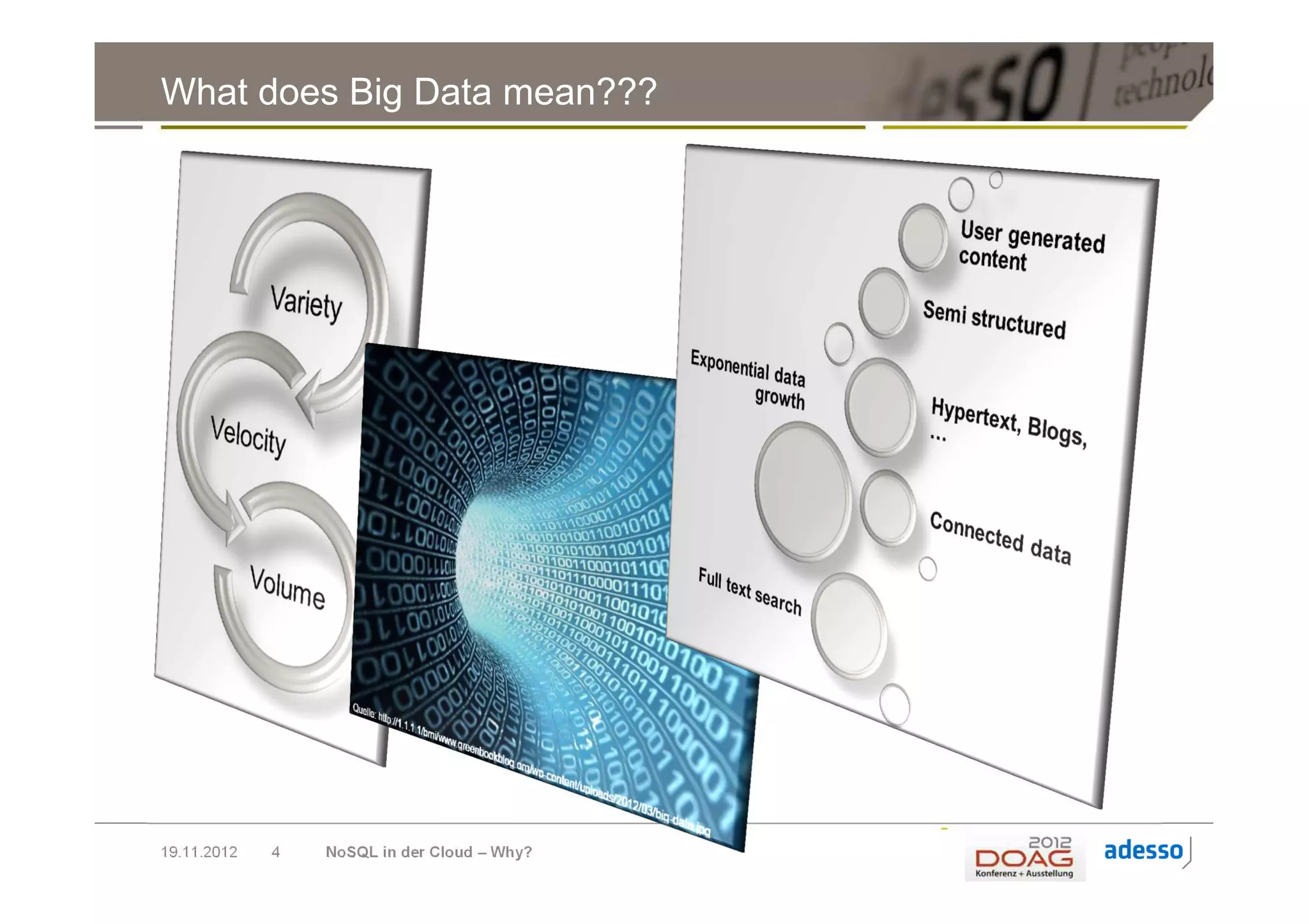 What does Big Data mean???




19.11.2012   4   NoSQL in der Cloud – Why?
 