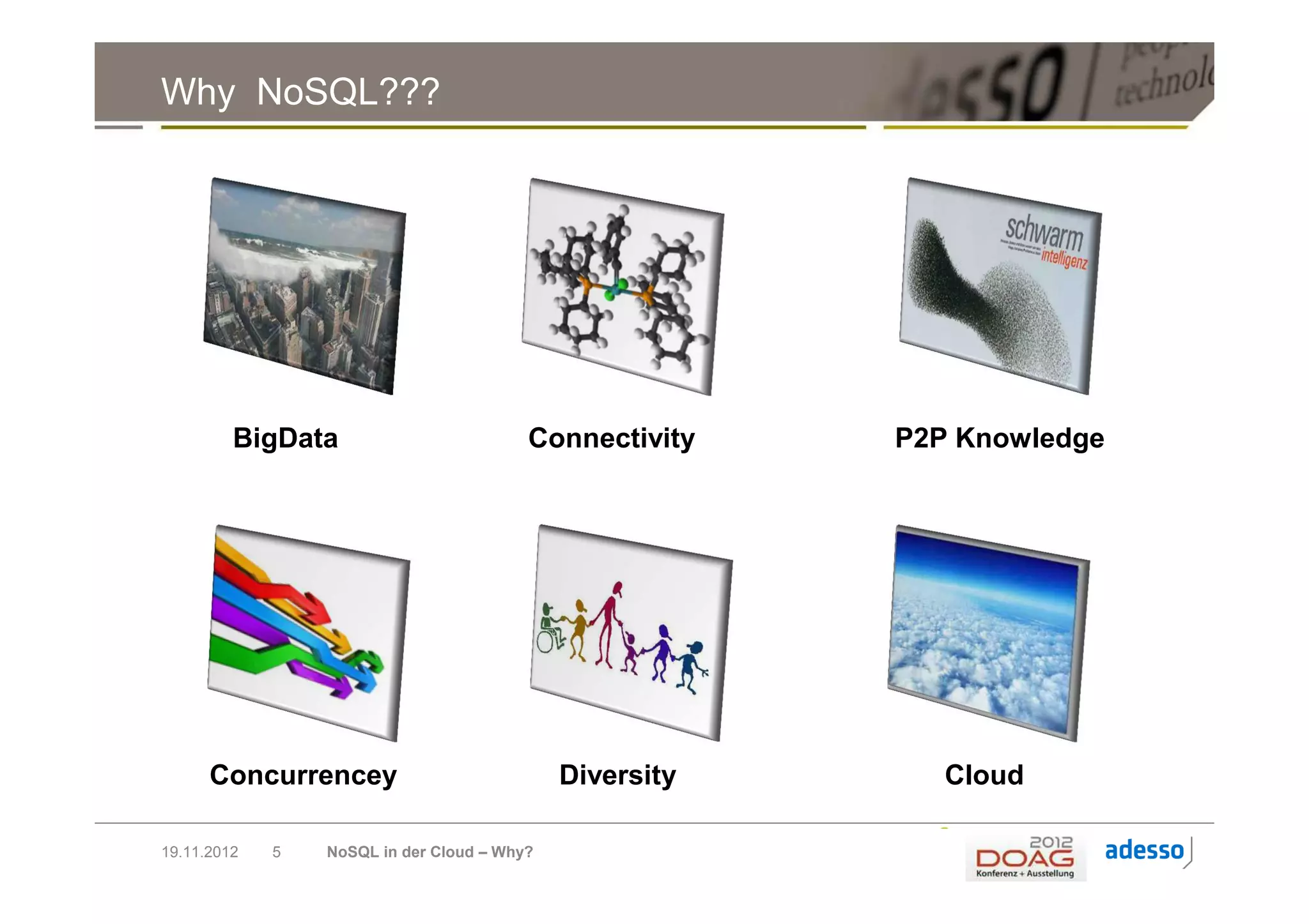 Why NoSQL???




         BigData                         Connectivity    P2P Knowledge




      Concurrencey                           Diversity      Cloud

19.11.2012   5   NoSQL in der Cloud – Why?
 