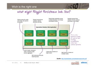Wich is the right one




                                              Quelle: http://martinfowler.com/articles/nosql-intro.pdf


19.11.2012   15   NoSQL in der Cloud – Why?
 