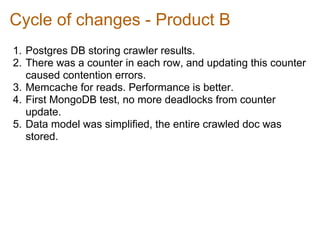 Cycle of changes - Product B
1. Postgres DB storing crawler results.
2. There was a counter in each row, and updating this counter
   caused contention errors.
3. Memcache for reads. Performance is better.
4. First MongoDB test, no more deadlocks from counter
   update.
5. Data model was simplified, the entire crawled doc was
   stored.
 