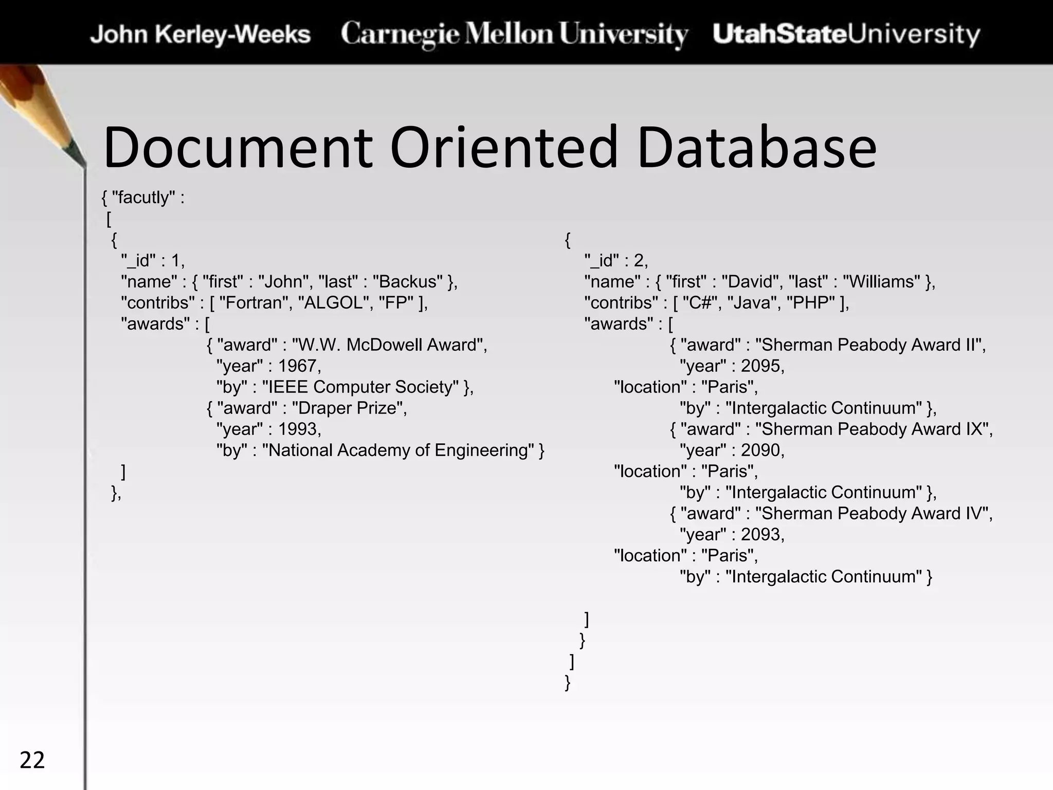 Document Oriented Database
22
{ "facutly" :
[
{
"_id" : 1,
"name" : { "first" : "John", "last" : "Backus" },
"contribs" : [ "Fortran", "ALGOL", "FP" ],
"awards" : [
{ "award" : "W.W. McDowell Award",
"year" : 1967,
"by" : "IEEE Computer Society" },
{ "award" : "Draper Prize",
"year" : 1993,
"by" : "National Academy of Engineering" }
]
},
{
"_id" : 2,
"name" : { "first" : "David", "last" : "Williams" },
"contribs" : [ "C#", "Java", "PHP" ],
"awards" : [
{ "award" : "Sherman Peabody Award II",
"year" : 2095,
"location" : "Paris",
"by" : "Intergalactic Continuum" },
{ "award" : "Sherman Peabody Award IX",
"year" : 2090,
"location" : "Paris",
"by" : "Intergalactic Continuum" },
{ "award" : "Sherman Peabody Award IV",
"year" : 2093,
"location" : "Paris",
"by" : "Intergalactic Continuum" }
]
}
]
}
 