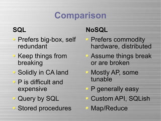 Comparison SQL Prefers big-box, self redundant Keep things from breaking Solidly in CA land P is difficult and expensive Query by SQL Stored procedures NoSQL Prefers commodity hardware, distributed Assume things break or are broken Mostly AP, some tunable P generally easy Custom API, SQLish Map/Reduce 