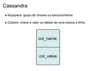 Cassandra
 Keyspace: grupo de chaves ou banco/schema

 Column: chave e valor ou tabela de uma coluna e linha
 