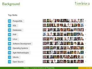 Background timbira
Timbira - A empresa brasileira de PostgreSQL 3 / 34
 