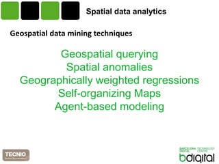 Spatialdata analytics 
Geospatialdataminingtechniques 
Geospatial querying 
Spatial anomalies 
Geographically weighted regressions 
Self-organizing Maps 
Agent-based modeling  