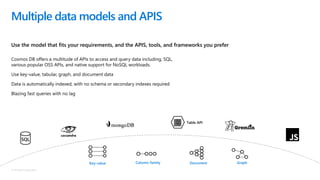 © Microsoft Corporation
Use the model that fits your requirements, and the APIS, tools, and frameworks you prefer
Multiple data models and APIS
Cosmos DB offers a multitude of APIs to access and query data including, SQL,
various popular OSS APIs, and native support for NoSQL workloads.
Use key-value, tabular, graph, and document data
Data is automatically indexed, with no schema or secondary indexes required
Blazing fast queries with no lag
Table API
Column-family DocumentKey-value Graph
SQL
 