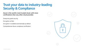 © Microsoft Corporation
Azure is the world’s most trusted cloud, with more
certifications than any other cloud provider.
Trust your data to industry-leading
Security & Compliance
Enterprise grade security
Encryption at Rest
Encryption is enabled automatically by default
Comprehensive Azure compliance certification
 