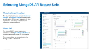 © Microsoft Corporation
Measuring Mongo throughput
The Azure Portal’s metrics contain Number of
requests and Request Charge charts that give
an estimation of how many request units each
operation is consuming in isolation or in
relation to other operations.
Mongo shell
The MongoDB API supports a custom
command named getLastRequestStatistics to
retrieve the request charge for an operation.
This command can be executed using the
Mongo Shell or a client SDK.
Estimating MongoDB API Request Units
 