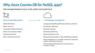 © Microsoft Corporation
+ Full database management
Leverage existing MongoDB drivers, libraries, and tools
Turnkey geo-replication
Automatic indexing
Automatic partitioning
Enterprise-grade security
Money-back guarantees on high availability and latency
Native integrations for serverless architecture, advanced
analytics, and event processing
Industry-leading TCO (total cost of ownership) vs
on-prem or cloud
Fully-managed database services, on the world’s most trusted cloud
Why Azure Cosmos DB for NoSQL apps?
Azure cosmos DB provides
Global distribution
Elastic scale-out
Guaranteed millisecond latency
Choice of consistency models
Enterprise-level SLAs
Multi-model and multi-API
 
