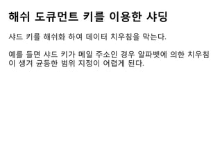 해쉬 도큐먼트 키를 이용한 샤딩
샤드 키를 해쉬화 하여 데이터 치우침을 막는다.
예를 들면 샤드 키가 메일 주소인 경우 알파벳에 의한 치우침
이 생겨 균등한 범위 지정이 어렵게 된다.

 