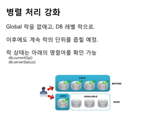 병렬 처리 강화
Global 락을 없애고, DB 레벨 락으로.
이후에도 계속 락의 단위를 좁힐 예정.
락 상태는 아래의 명렬어를 확인 가능
db.currentOp()
db.serverStatus()

 