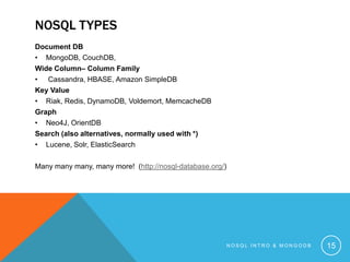 NOSQL TYPES
Document DB
• MongoDB, CouchDB,
Wide Column– Column Family
• Cassandra, HBASE, Amazon SimpleDB
Key Value
• Riak, Redis, DynamoDB, Voldemort, MemcacheDB
Graph
• Neo4J, OrientDB
Search (also alternatives, normally used with *)
• Lucene, Solr, ElasticSearch
Many many many, many more! (http://nosql-database.org/)

NOSQL INTRO & MONGODB

15

 