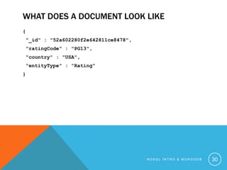 WHAT DOES A DOCUMENT LOOK LIKE
{
"_id" : "52a602280f2e642811ce8478",
"ratingCode" : "PG13",
"country" : "USA",
"entityType" : "Rating”
}

NOSQL INTRO & MONGODB

30

 