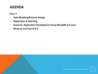 AGENDA
Hour 3
•

Data Modeling/Schema Design

•

Replication & Sharding

•

Exercise: Application Development Using MongDB and Java

•

Wrap-up and final Q & A

NOSQL INTRO & MONGODB

5

 