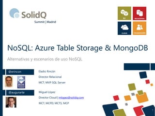 NoSQL: Azure Table Storage & MongoDB 
Alternativas y escenarios de uso NoSQL 
@erincon Eladio Rincón 
Director Relacional 
MCT, MVP SQL Server 
@augurarte Miguel López 
Director Cloud | mlopez@solidq.com 
MCT, MCPD, MCTS, MCP 
1 
 