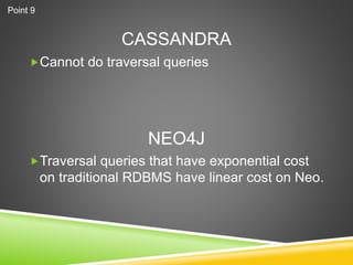 CASSANDRA
Cannot do traversal queries
Traversal queries that have exponential cost
on traditional RDBMS have linear cost on Neo.
NEO4J
Point 9
 