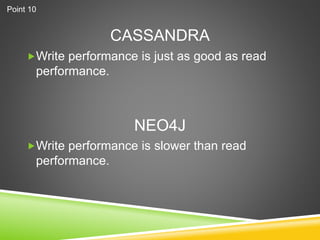 CASSANDRA
Write performance is just as good as read
performance.
Write performance is slower than read
performance.
NEO4J
Point 10
 