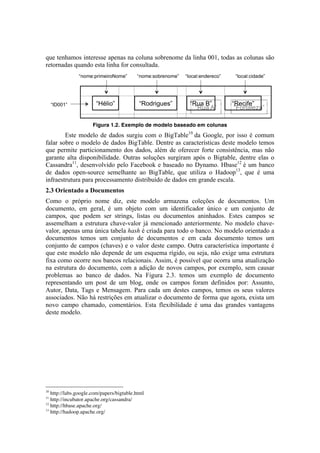 que tenhamos interesse apenas na coluna sobrenome da linha 001, todas as colunas são
retornadas quando esta linha for consultada.




                                                                                                                                     Figura 1.2. Exemplo de modelo baseado em colunas	
  
        Este modelo de dados surgiu com o BigTable10 da Google, por isso é comum
falar sobre o modelo de dados BigTable. Dentre as características deste modelo temos
que permite particionamento dos dados, além de oferecer forte consistência, mas não
garante alta disponibilidade. Outras soluções surgiram após o Bigtable, dentre elas o
Cassandra11, desenvolvido pelo Facebook e baseado no Dynamo. Hbase12 é um banco
de dados open-source semelhante ao BigTable, que utiliza o Hadoop13, que é uma
infraestrutura para processamento distribuído de dados em grande escala.
2.3 Orientado a Documentos
Como o próprio nome diz, este modelo armazena coleções de documentos. Um
documento, em geral, é um objeto com um identificador único e um conjunto de
campos, que podem ser strings, listas ou documentos aninhados. Estes campos se
assemelham a estrutura chave-valor já mencionado anteriormente. No modelo chave-
valor, apenas uma única tabela hash é criada para todo o banco. No modelo orientado a
documentos temos um conjunto de documentos e em cada documento temos um
conjunto de campos (chaves) e o valor deste campo. Outra característica importante é
que este modelo não depende de um esquema rígido, ou seja, não exige uma estrutura
fixa como ocorre nos bancos relacionais. Assim, é possível que ocorra uma atualização
na estrutura do documento, com a adição de novos campos, por exemplo, sem causar
problemas ao banco de dados. Na Figura 2.3. temos um exemplo de documento
representando um post de um blog, onde os campos foram definidos por: Assunto,
Autor, Data, Tags e Mensagem. Para cada um destes campos, temos os seus valores
associados. Não há restrições em atualizar o documento de forma que agora, exista um
novo campo chamado, comentários. Esta flexibilidade é uma das grandes vantagens
deste modelo.




	
  	
  	
  	
  	
  	
  	
  	
  	
  	
  	
  	
  	
  	
  	
  	
  	
  	
  	
  	
  	
  	
  	
  	
  	
  	
  	
  	
  	
  	
  	
  	
  	
  	
  	
  	
  	
  	
  	
  	
  	
  	
  	
  	
  	
  	
  	
  	
  	
  	
  	
  	
  	
  	
  	
  	
  
10
   http://labs.google.com/papers/bigtable.html	
  
11
   http://incubator.apache.org/cassandra/
12
   http://hbase.apache.org/
13
   http://hadoop.apache.org/
 