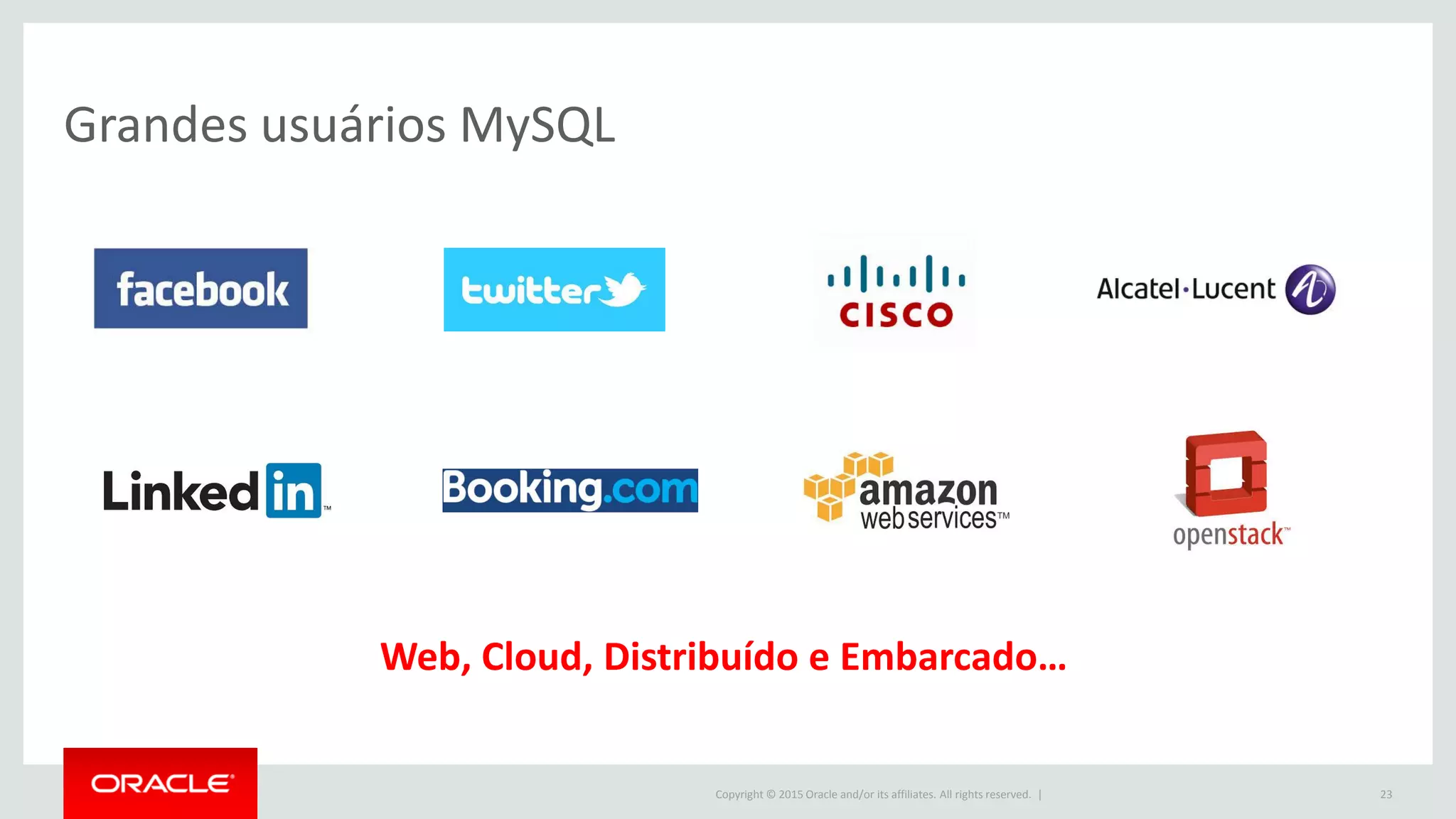 Copyright © 2015 Oracle and/or its affiliates. All rights reserved. |
Grandes usuários MySQL
23
Web, Cloud, Distribuído e Embarcado…
 