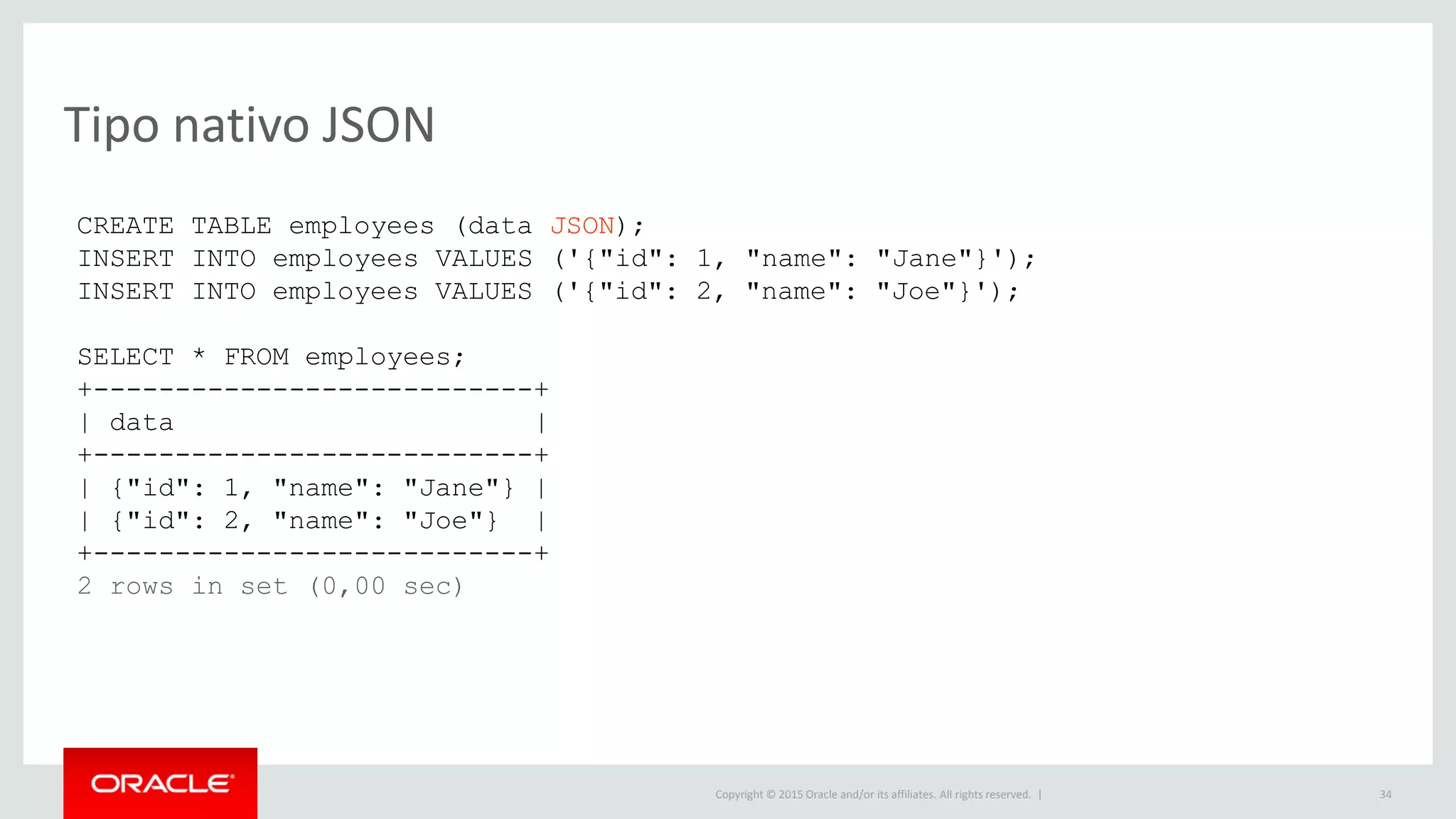 Copyright © 2015 Oracle and/or its affiliates. All rights reserved. |
Tipo nativo JSON
34
CREATE TABLE employees (data JSON);
INSERT INTO employees VALUES ('{"id": 1, "name": "Jane"}');
INSERT INTO employees VALUES ('{"id": 2, "name": "Joe"}');
SELECT * FROM employees;
+---------------------------+
| data |
+---------------------------+
| {"id": 1, "name": "Jane"} |
| {"id": 2, "name": "Joe"} |
+---------------------------+
2 rows in set (0,00 sec)
 