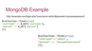 MongoDB Example
http://example.com/login.php?username=admin&passwd=mysuperpassword
 