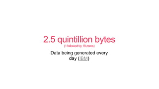 2.5 quintillion bytes
(1followed by 18 zeros)
Data being generated every
day (IBM)
 