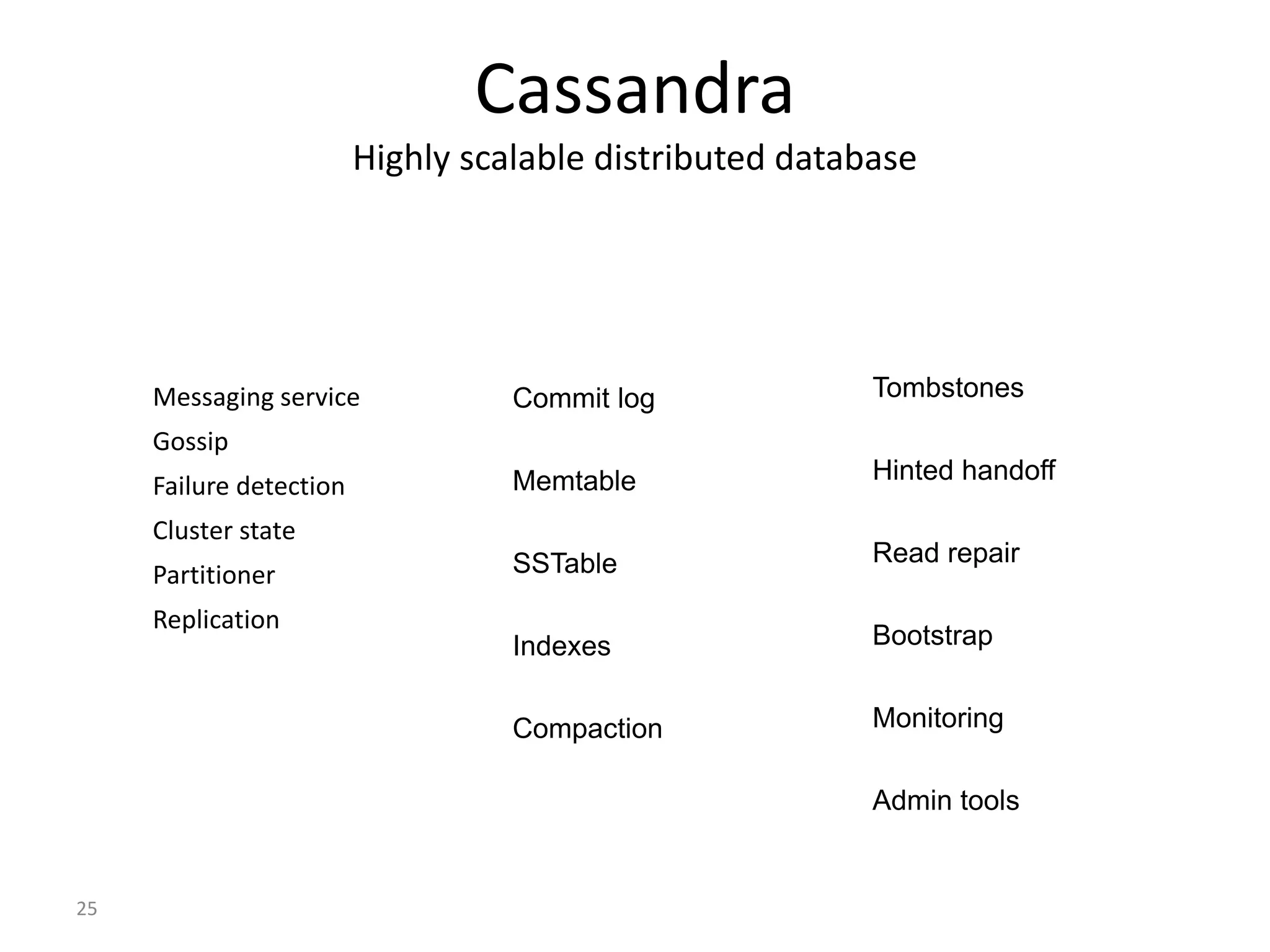 25 Cassandra Highly scalable distributed database Messaging service Gossip Failure detection Cluster state Partitioner Replication Commit log Memtable SSTable Indexes Compaction Tombstones Hinted handoff Read repair Bootstrap Monitoring Admin tools 