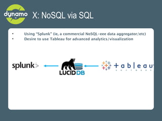 X: NoSQL via SQL
•   Using “Splunk” (ie, a commercial NoSQL-eee data aggregator/etc)
•   Desire to use Tableau for advance...