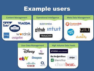 Example users
Content Management       Operational Intelligence      Meta Data Management



        w




            User Data Management         High Volume Data Feeds
 