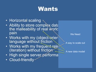 Wants
• Horizontal scaling
• Ability to store complex data and deal with
  the malleability of real world schemas without
  pain                                  We Need
• Works with my (object-oriented) programming
  language without friction         A way to scale out
• Works with my frequent release cycles
  (iteration) without friction      A new data model
• High single server performance
• Cloud-friendly
 