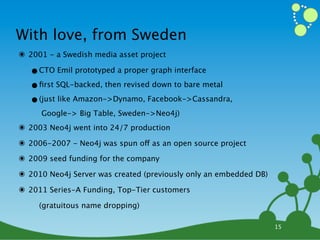 With love, from Sweden
๏ 2001 - a Swedish media asset project
   •CTO Emil prototyped a proper graph interface
   •ﬁrst SQL-backed, then revised down to bare metal
   •(just like Amazon->Dynamo, Facebook->Cassandra,
     Google-> Big Table, Sweden->Neo4j)
๏ 2003 Neo4j went into 24/7 production
๏ 2006-2007 - Neo4j was spun off as an open source project
๏ 2009 seed funding for the company
๏ 2010 Neo4j Server was created (previously only an embedded DB)
๏ 2011 Series-A Funding, Top-Tier customers
     (gratuitous name dropping)

                                                                   15
 