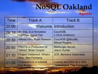 NoSQL Oakland Agenda Track B Track A Time Lucene and DAV as a SQL replacement, Pier Fumagalli Cassandra in a nutshell, Eric Evans 21:20 JCR, Bertrand Delacretaz Project Voldemort: What’s New, Alex Feinberg 21:10 MarkLogic Server, Jason Hunter PNUTS in Production at Yahoo!, Brian Cooper 20:50 CouchDB @Mozilla, Mikeal Rogers HBase intro, Ryan Rawson 20:30 CouchDB, J Chris Anderson No SQL is a Horseless Carriage, Steve Yen 20:10 Welcome, Introduction 20:00 