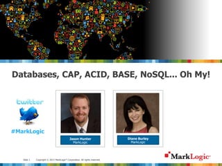 Slide 1 Copyright © 2013 MarkLogic® Corporation. All rights reserved.
Diane Burley
MarkLogic
Jason Hunter
MarkLogic
Databases, CAP, ACID, BASE, NoSQL... Oh My!
#MarkLogic
 