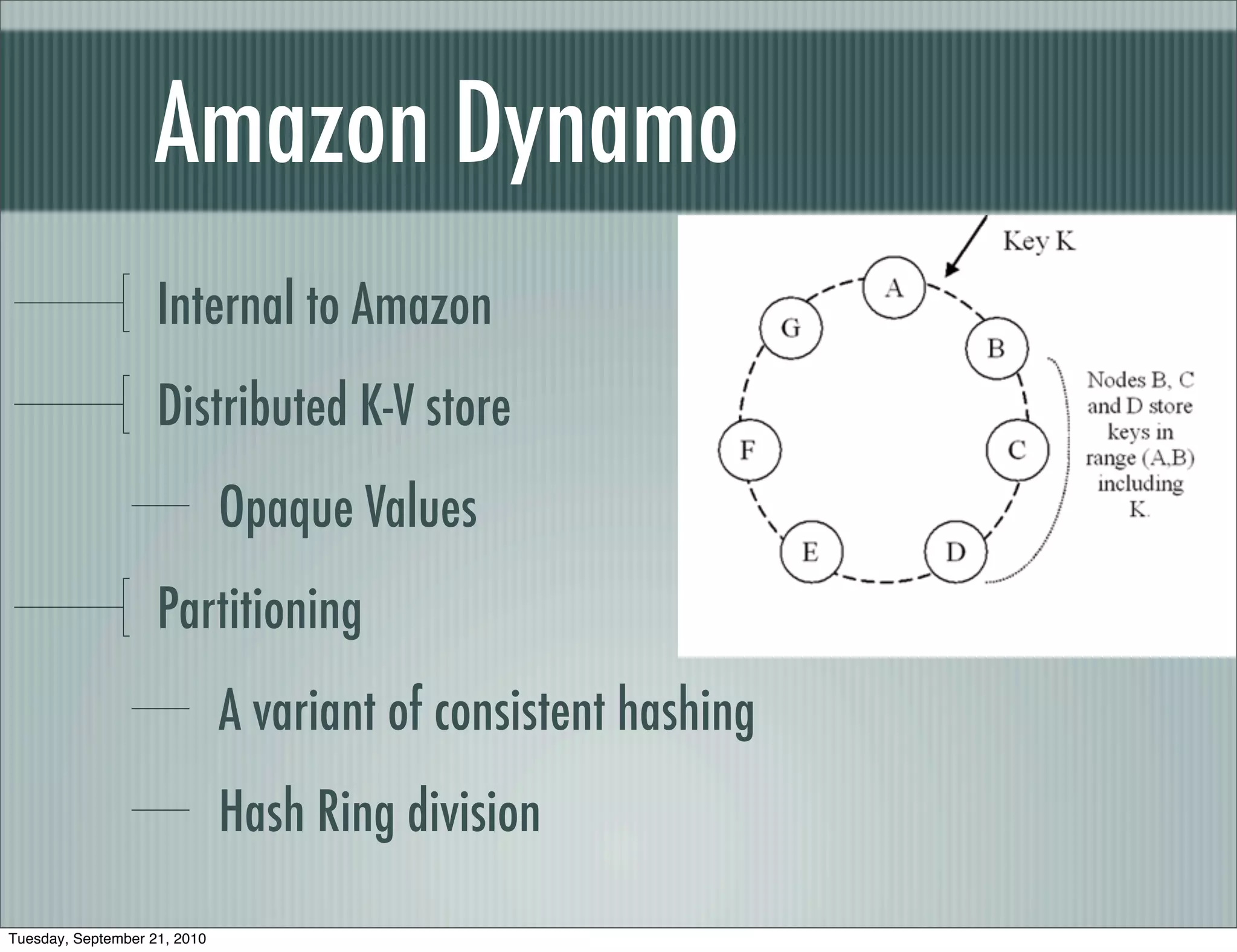 Amazon Dynamo
                    Internal to Amazon
                    Distributed K-V store
                              Opaque Values
                    Partitioning
                              A variant of consistent hashing
                              Hash Ring division

Tuesday, September 21, 2010
 