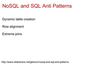 NoSQL and SQL Anti Patterns

Dynamic table creation

Row alignment

Extreme joins




http://www.slideshare.net/gleicon/nosql-and-sql-anti-patterns
 