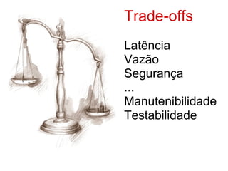 Trade-offs
Latência
Vazão
Segurança
...
Manutenibilidade
Testabilidade
 