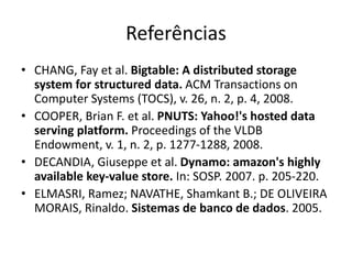 Referências
• CHANG, Fay et al. Bigtable: A distributed storage
system for structured data. ACM Transactions on
Computer Systems (TOCS), v. 26, n. 2, p. 4, 2008.
• COOPER, Brian F. et al. PNUTS: Yahoo!'s hosted data
serving platform. Proceedings of the VLDB
Endowment, v. 1, n. 2, p. 1277-1288, 2008.
• DECANDIA, Giuseppe et al. Dynamo: amazon's highly
available key-value store. In: SOSP. 2007. p. 205-220.
• ELMASRI, Ramez; NAVATHE, Shamkant B.; DE OLIVEIRA
MORAIS, Rinaldo. Sistemas de banco de dados. 2005.
 