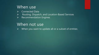 When not use
 When you want to update all or a subset of entities
When use
 Connected Data
 Routing, Dispatch, and Location-Based Services
 Recommendation Engines
 