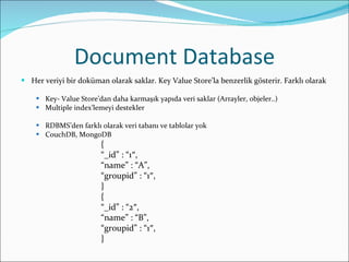 Document Database <ul><li>Her veriyi bir doküman olarak saklar. Key Value Store’la benzerlik gösterir. Farklı olarak </li>...