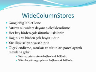 Key –ValueStore, Document DB ve RDBMS özelliklerini taşırDinamik Query’lerIndexingTemel veri birimi -> DocumentHızlı okuma/yazma için dizayn edilmiştir.