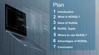 Introduction1
What is NOSQL?2
Where to use NoSQL?5
Advantages of NOSQL6
Plan
Conclusion7
Need of NoSQL3
NoSQL Types4
 