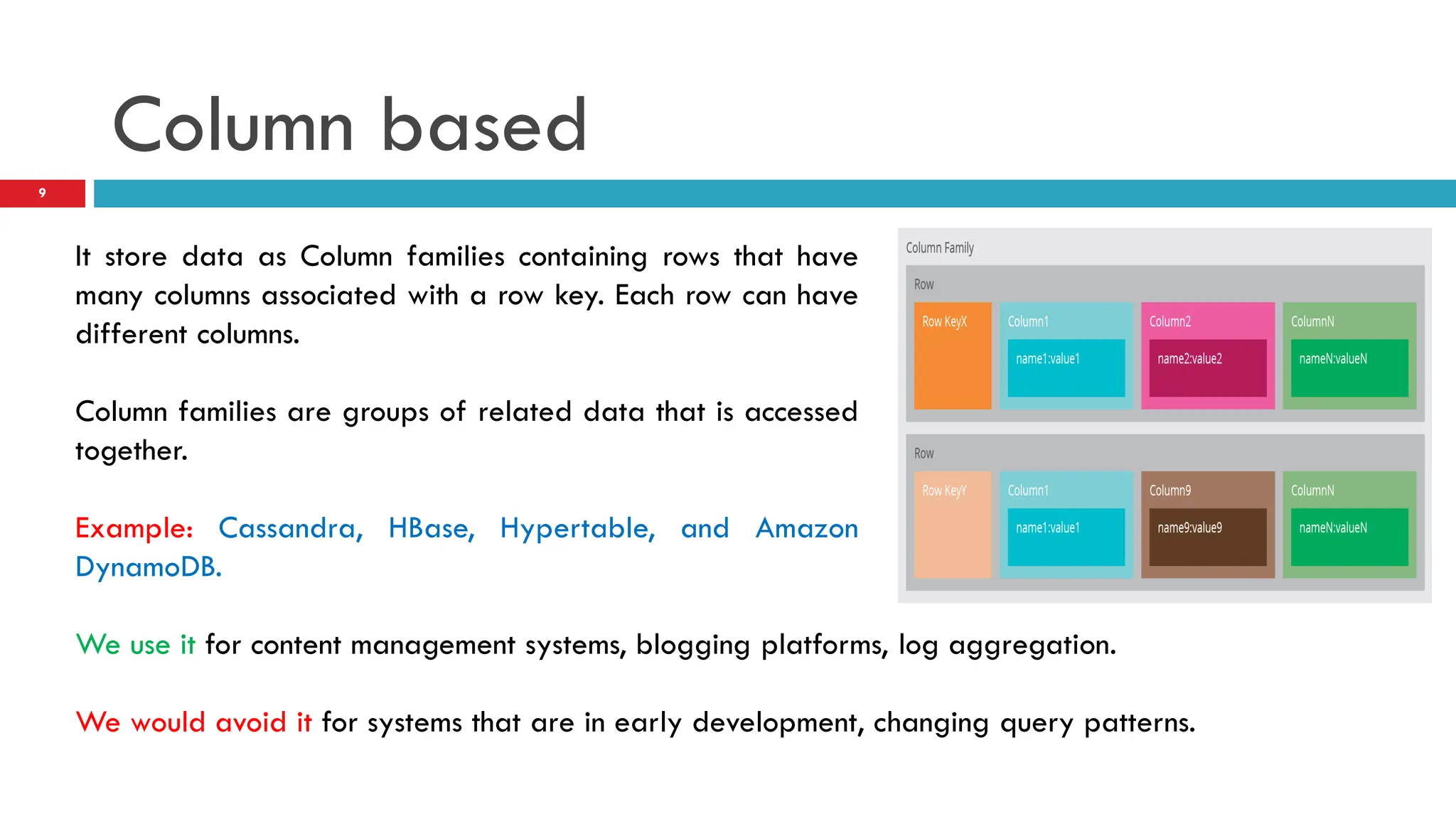 Column based It store data as Column families containing rows that have many columns associated with a row key. Each row can have different columns. Column families are groups of related data that is accessed together. Example: Cassandra, HBase, Hypertable, and Amazon DynamoDB. We use it for content management systems, blogging platforms, log aggregation. We would avoid it for systems that are in early development, changing query patterns. 9 