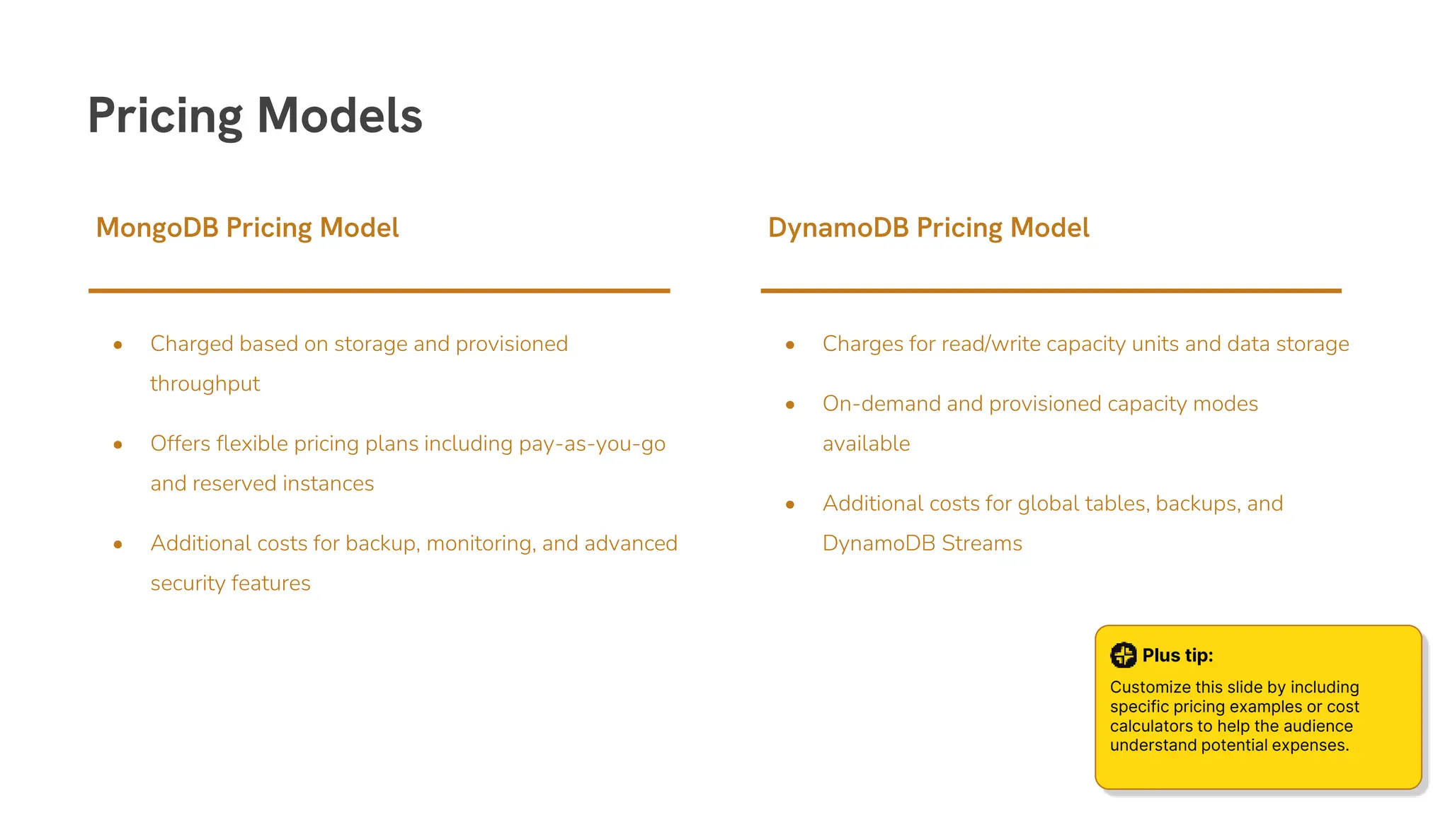 • Charged based on storage and provisioned
throughput
• Offers flexible pricing plans including pay-as-you-go
and reserved instances
• Additional costs for backup, monitoring, and advanced
security features
MongoDB Pricing Model
• Charges for read/write capacity units and data storage
• On-demand and provisioned capacity modes
available
• Additional costs for global tables, backups, and
DynamoDB Streams
DynamoDB Pricing Model
Pricing Models
Plus tip:
Customize this slide by including
specific pricing examples or cost
calculators to help the audience
understand potential expenses.
 