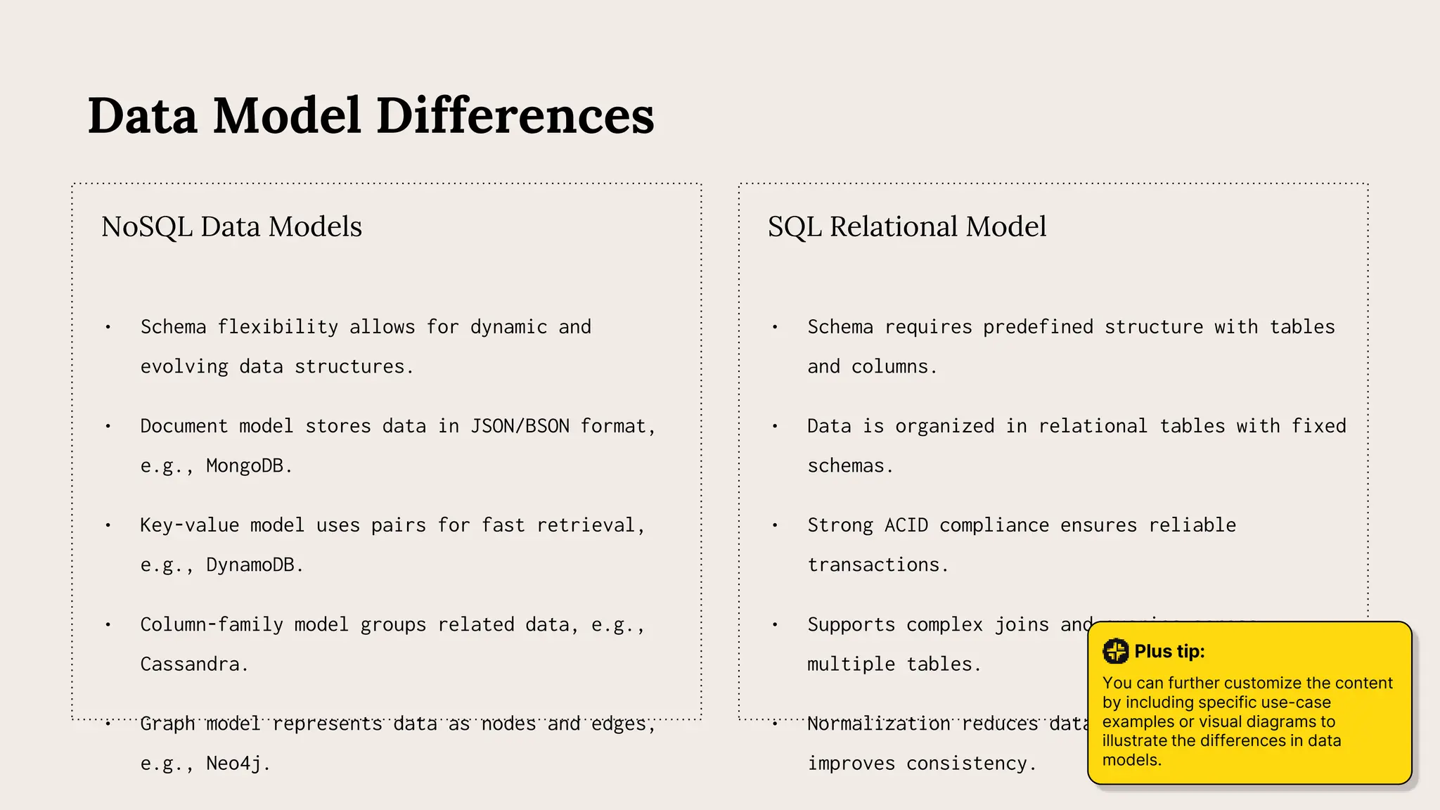 Data Model Differences
• Schema flexibility allows for dynamic and
evolving data structures.
• Document model stores data in JSON/BSON format,
e.g., MongoDB.
• Key-value model uses pairs for fast retrieval,
e.g., DynamoDB.
• Column-family model groups related data, e.g.,
Cassandra.
• Graph model represents data as nodes and edges,
e.g., Neo4j.
NoSQL Data Models
• Schema requires predefined structure with tables
and columns.
• Data is organized in relational tables with fixed
schemas.
• Strong ACID compliance ensures reliable
transactions.
• Supports complex joins and queries across
multiple tables.
• Normalization reduces data redundancy and
improves consistency.
SQL Relational Model
Plus tip:
You can further customize the content
by including specific use-case
examples or visual diagrams to
illustrate the differences in data
models.
 